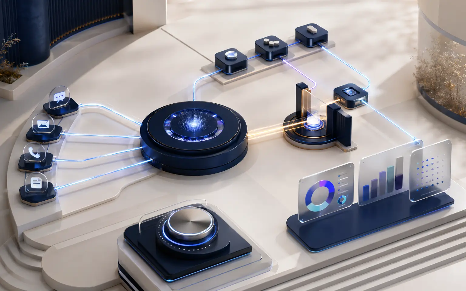 Connected AI business automation workflow with reviewable human handoff