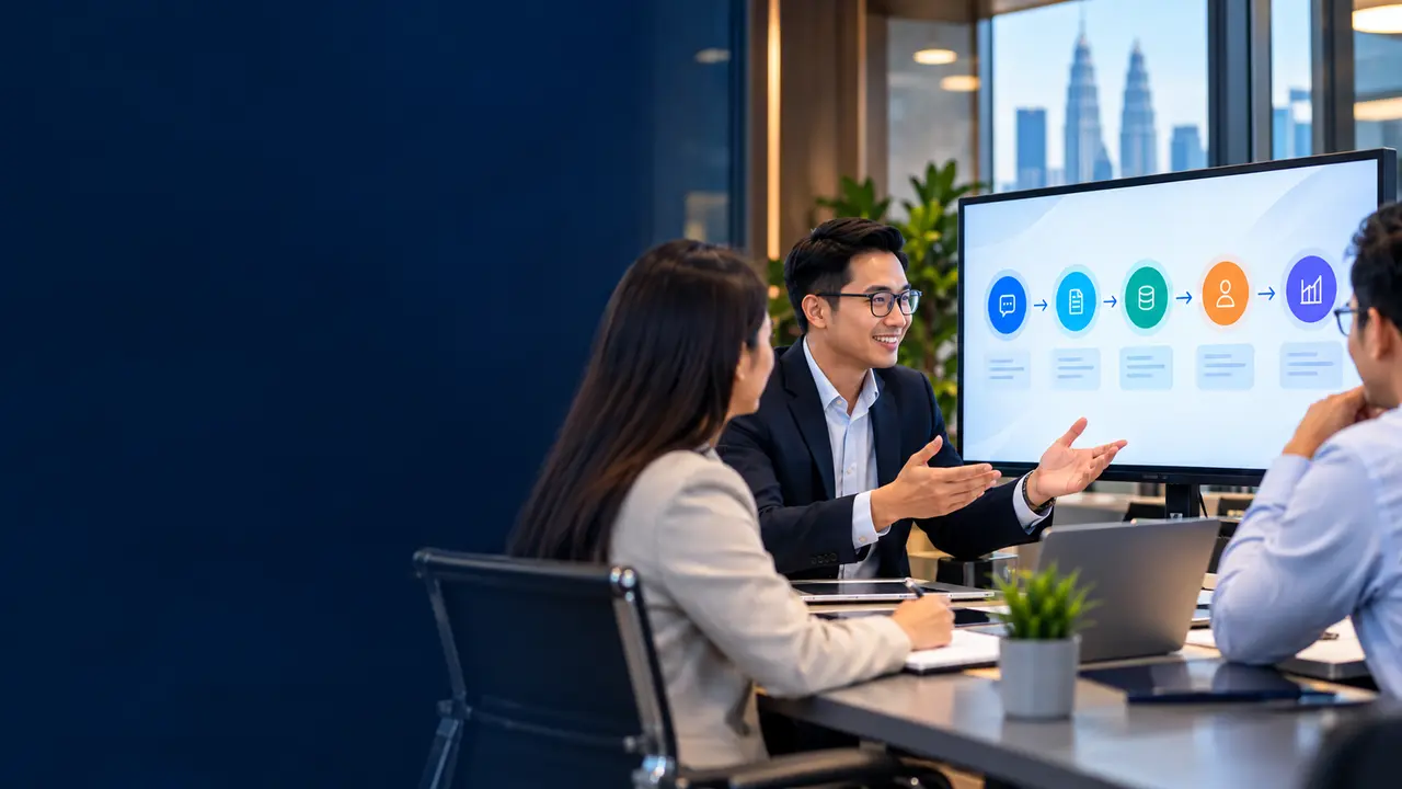 PNSS consultant discussing a controlled AI workflow with Malaysian business stakeholders
