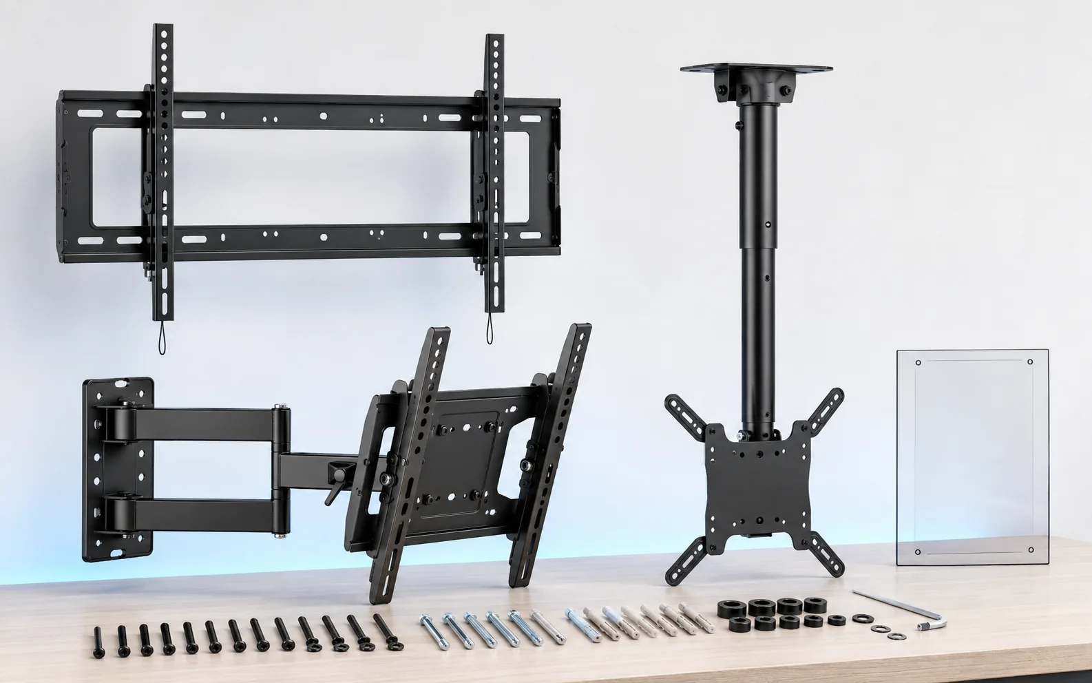 Display mounting bracket product options including wall mount, articulating mount and ceiling pole mount hardware