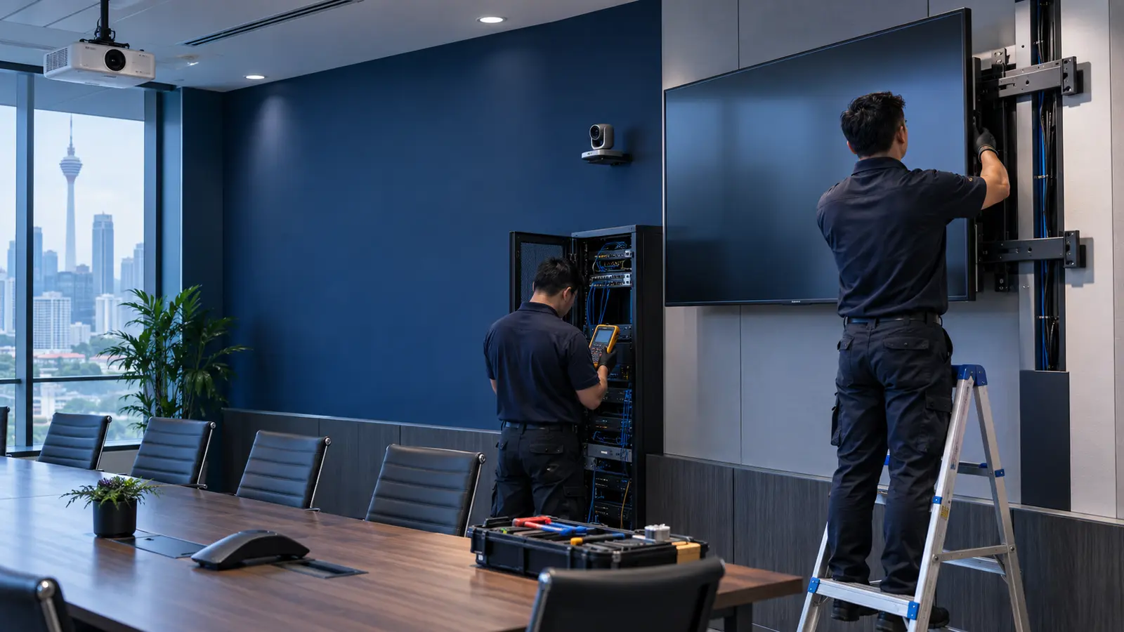 Professional AV technicians installing a commercial display and testing rack infrastructure in a Malaysian meeting room