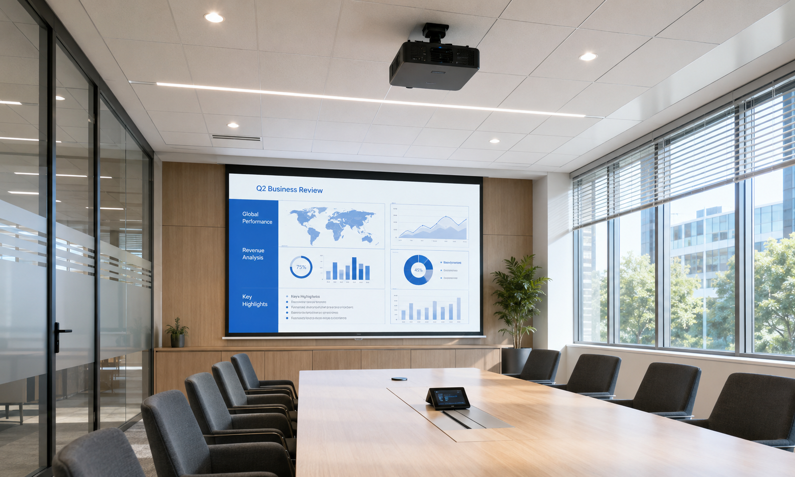 bright corporate meeting room with a ceiling-mounted business projector aimed correctly at the projection screen