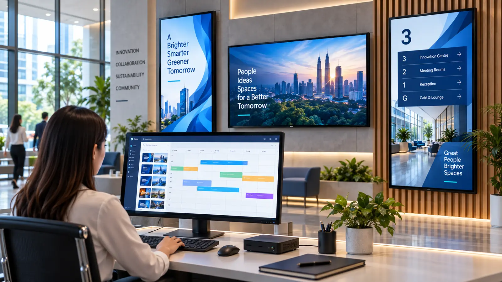 Professional CAYIN-style digital signage system with multiple commercial displays and a central content scheduling workstation