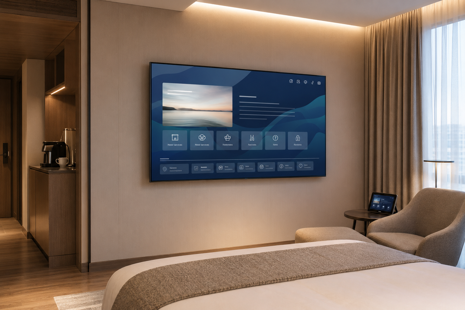 wall-mounted commercial TV platform for managed hotel guest information and room operations