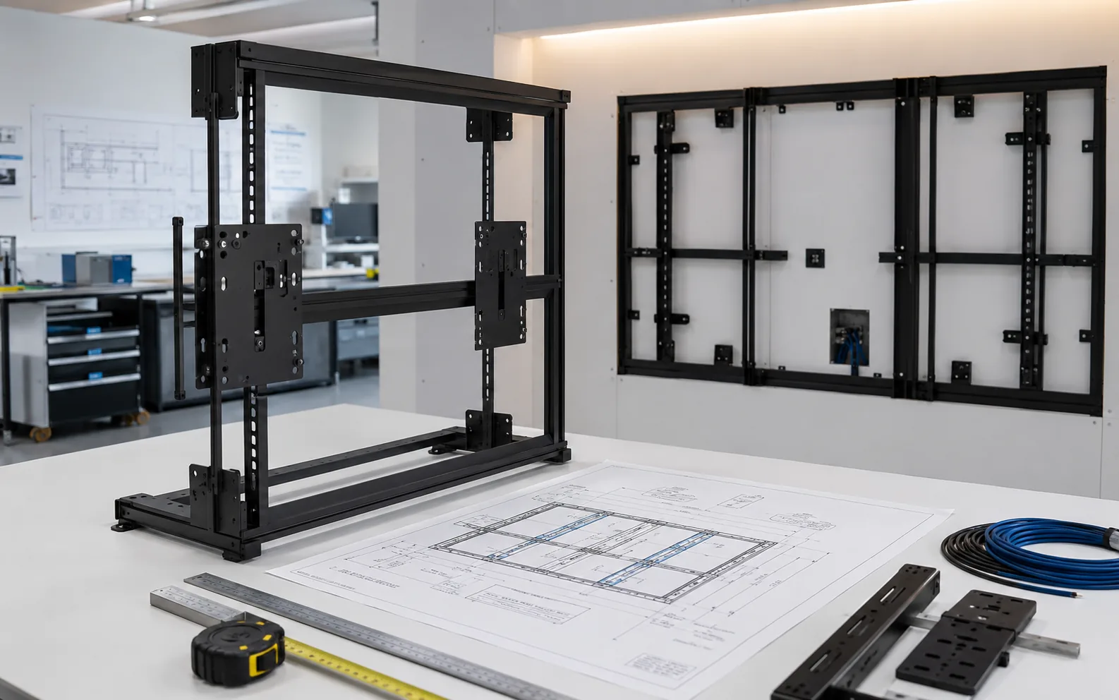 Custom AV mounting structure planning with metal frame and technical drawing