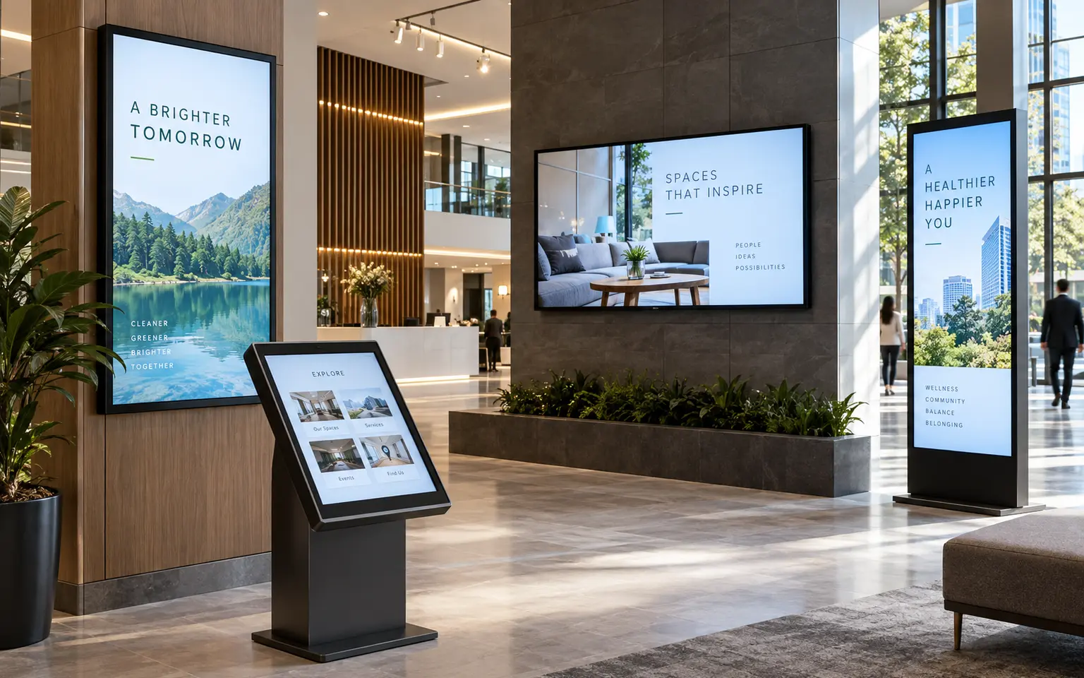 Professional digital signage displays and interactive kiosk installed in a commercial lobby