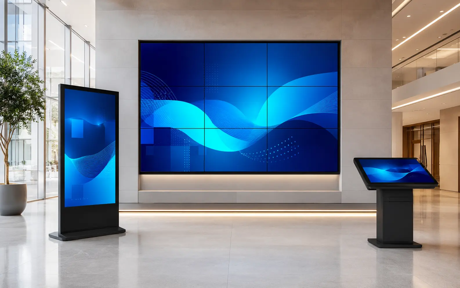 Digital signage environment with portrait display, video wall and self-service kiosk