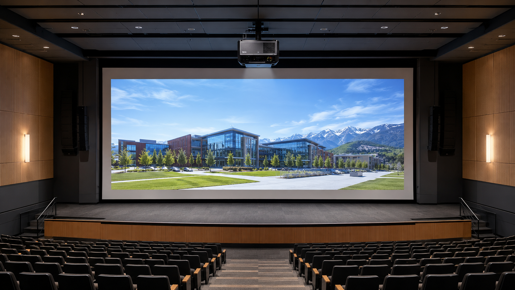 Ceiling-mounted Epson-class large-format projector with an ultra-short-throw lens above a large auditorium screen