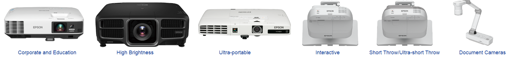 Historical PNSS Epson projector range covering corporate, education, high-brightness, portable, interactive and short-throw categories
