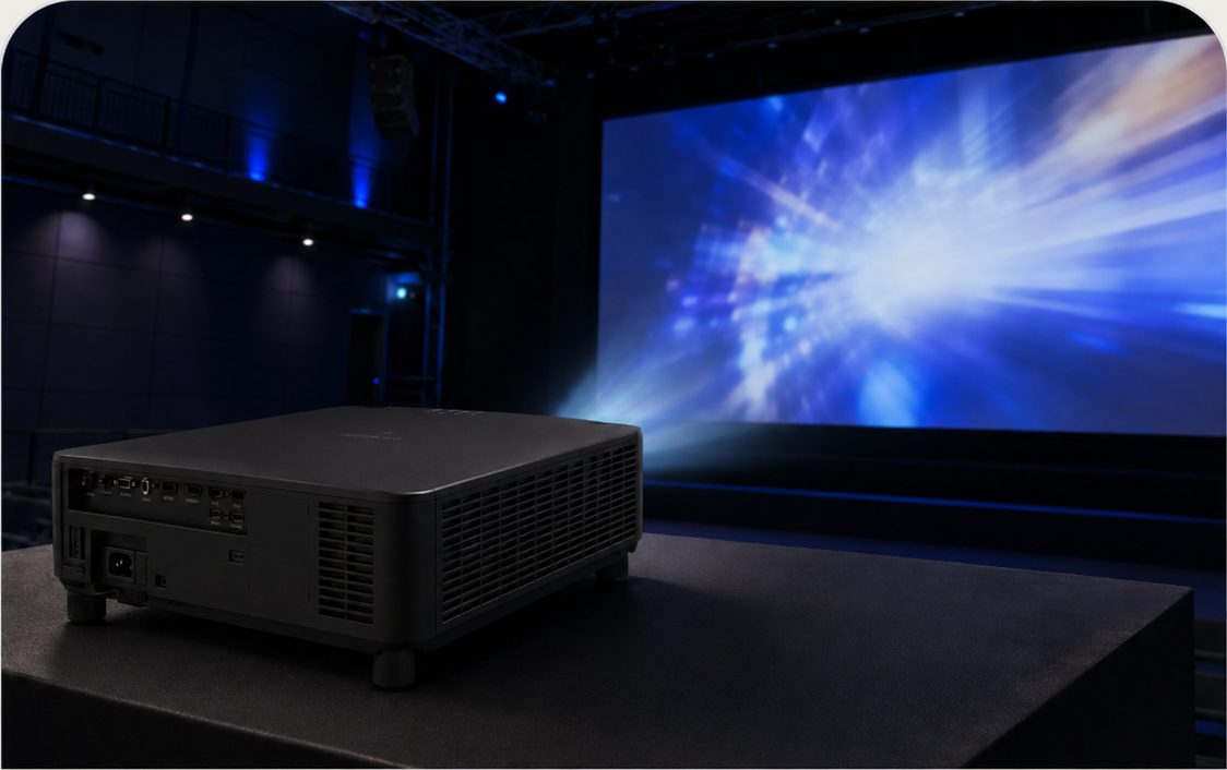 Laser projector installed for a large presentation screen in a professional venue