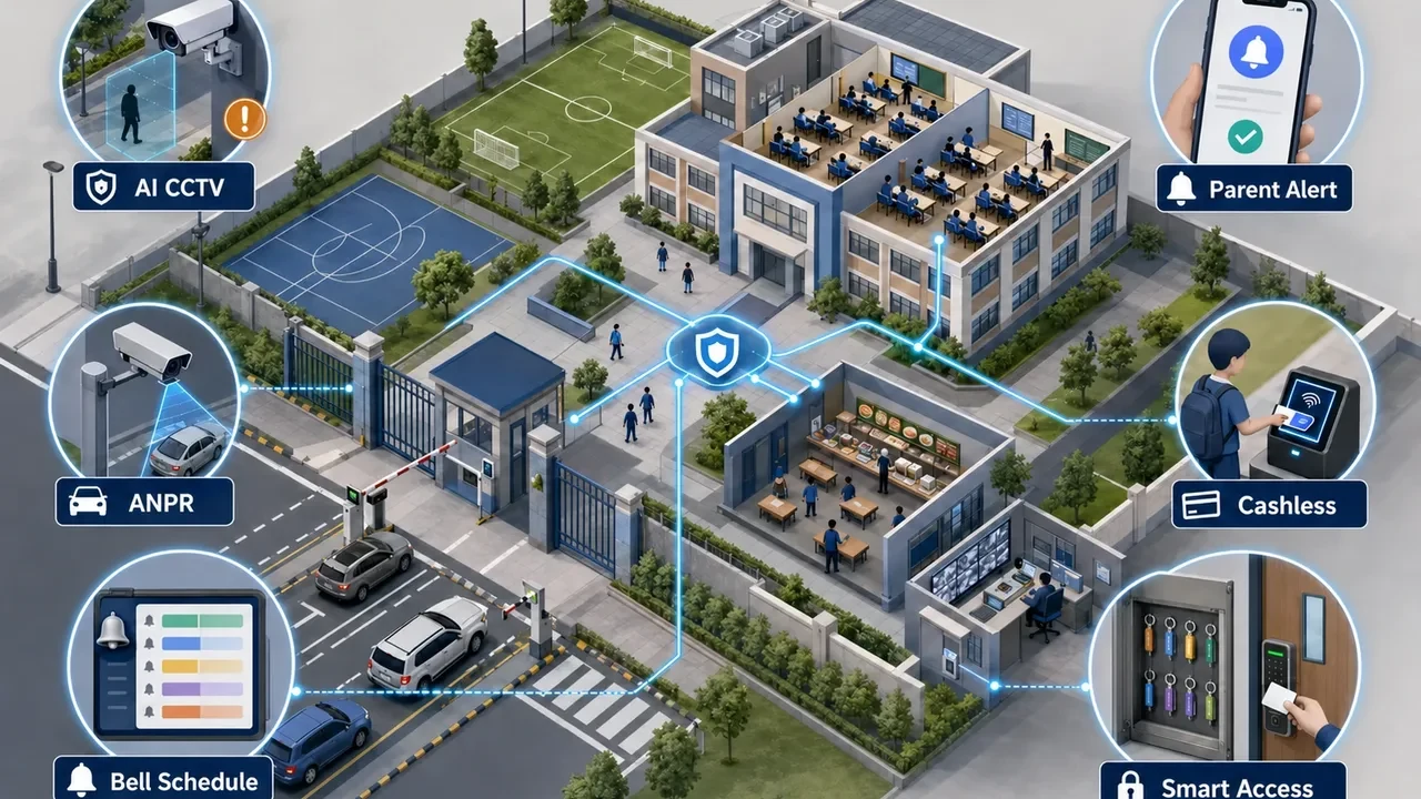Connected smart school ecosystem with interactive learning, campus communication and security technology