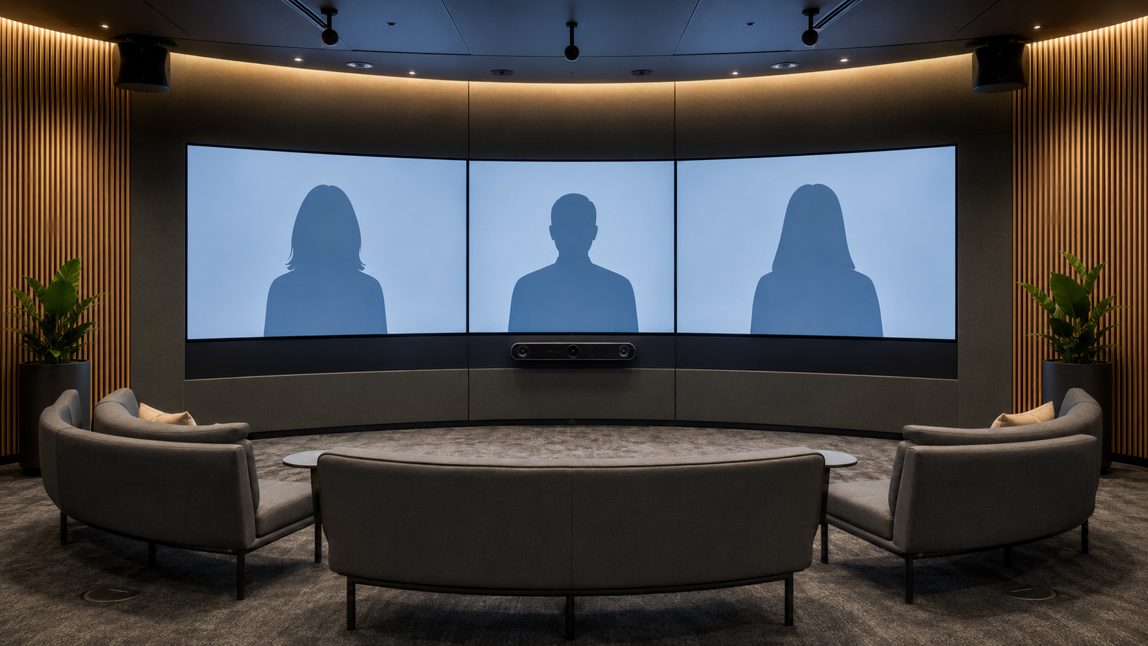 immersive video collaboration room with panoramic displays, aligned cameras and curved participant seating