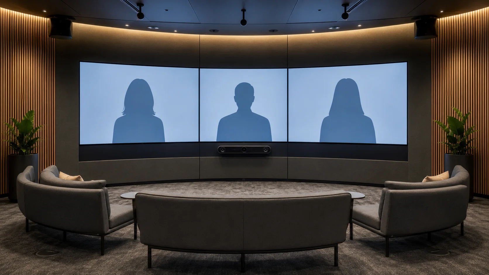 immersive video collaboration room with panoramic displays, aligned cameras and curved participant seating