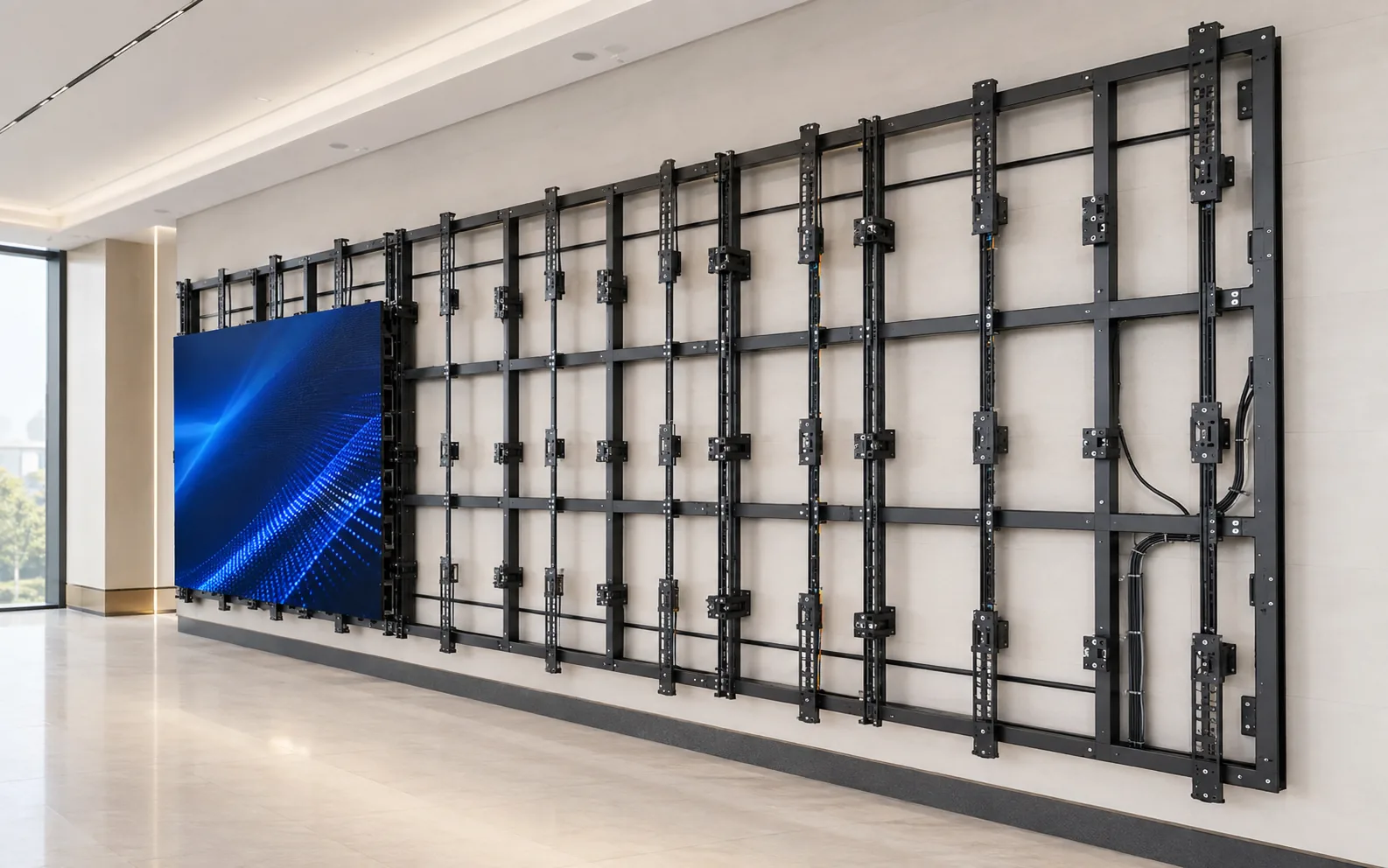 Direct-view LED wall metal support frame with partial LED cabinet installation