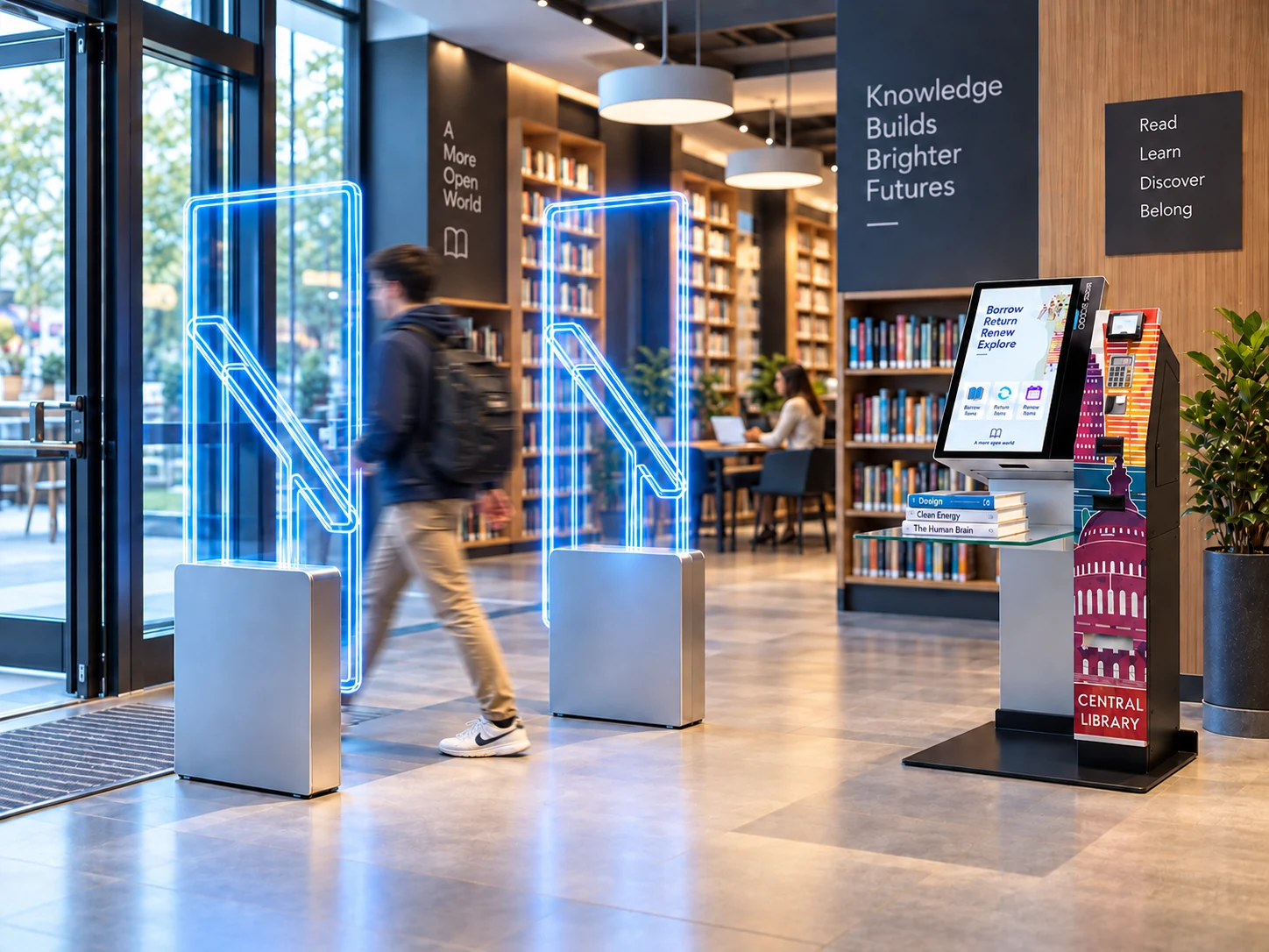 Library RFID security gates and self-service kiosk in a modern library environment