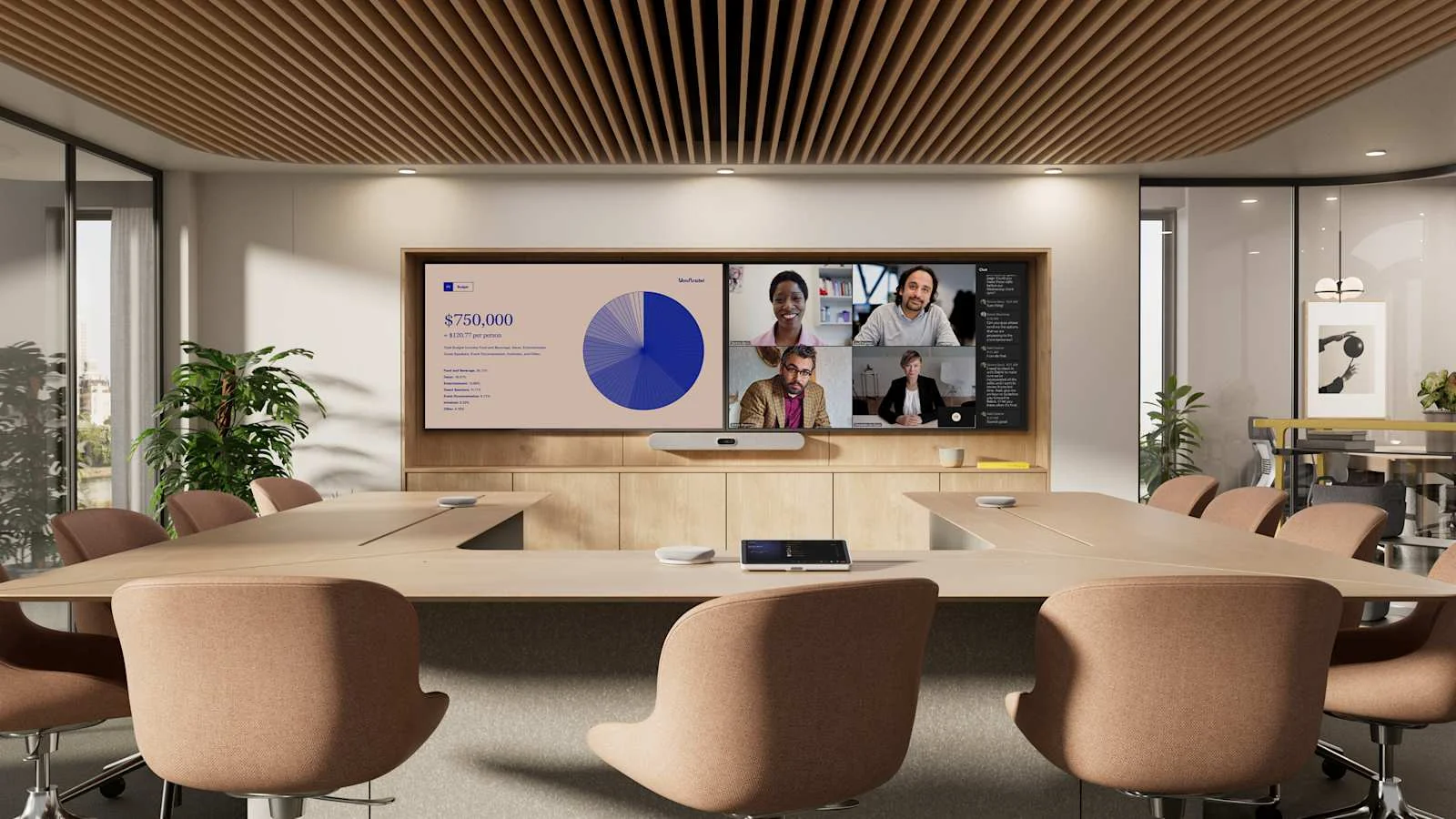 Conference room with off-white Logitech Rally Bar 2 showing a Microsoft Teams meeting and Logitech Tap IP 2 on the table. 