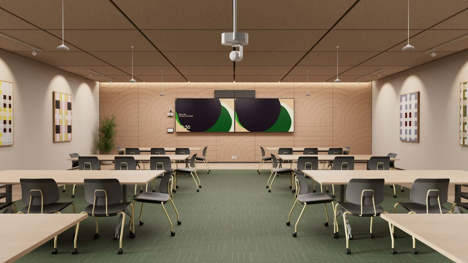 A multi-purpose training or conference room setup with rows of modular desks, chairs, dual front displays, and ceiling-mounted AV equipment.