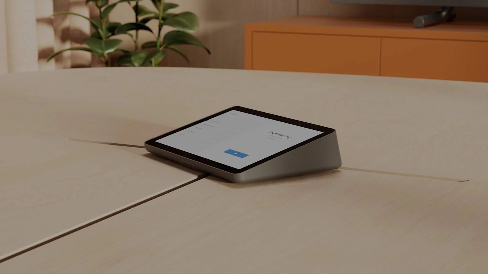 Close-up of Logitech Tap IP 2 on a meeting room table.