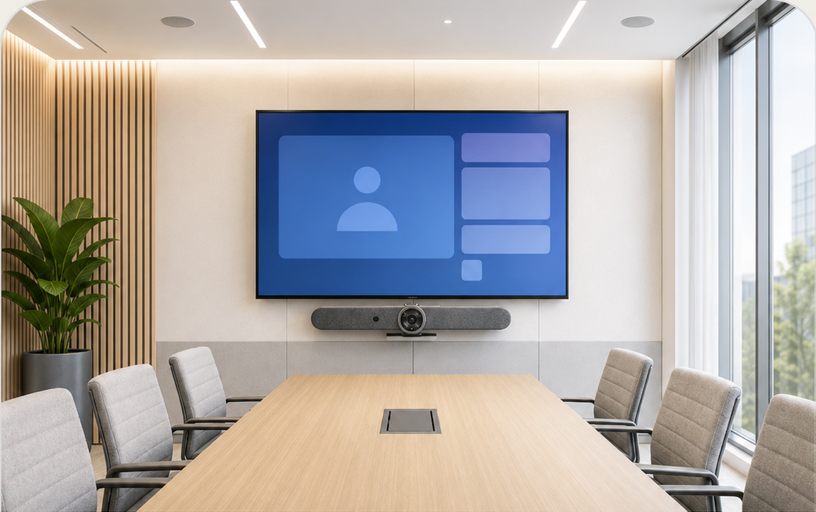 Privacy-safe professional Logitech video conferencing room with a Rally Bar and large display