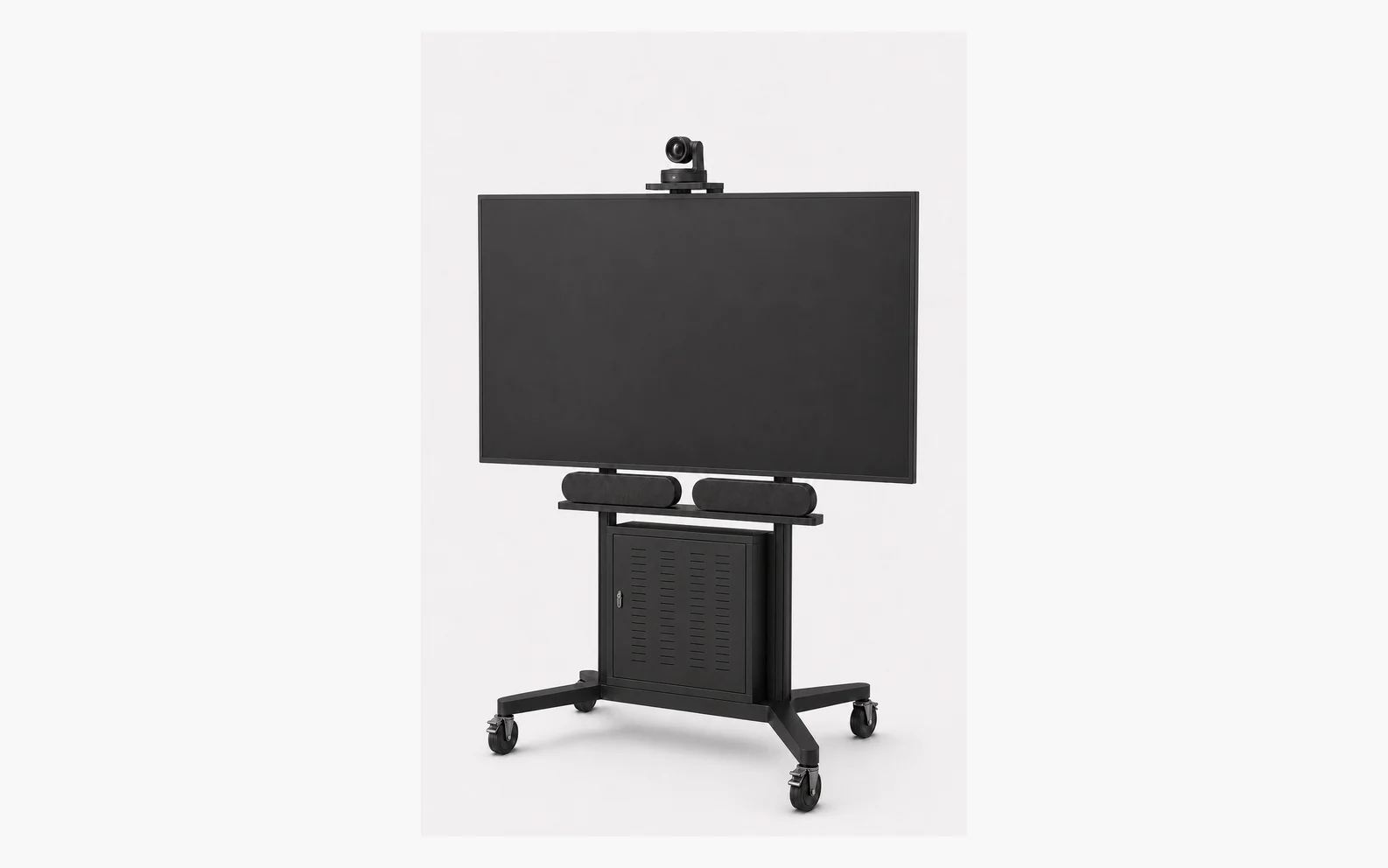 Mobile display and video conference stand with camera, speakers, equipment cabinet and lockable wheels