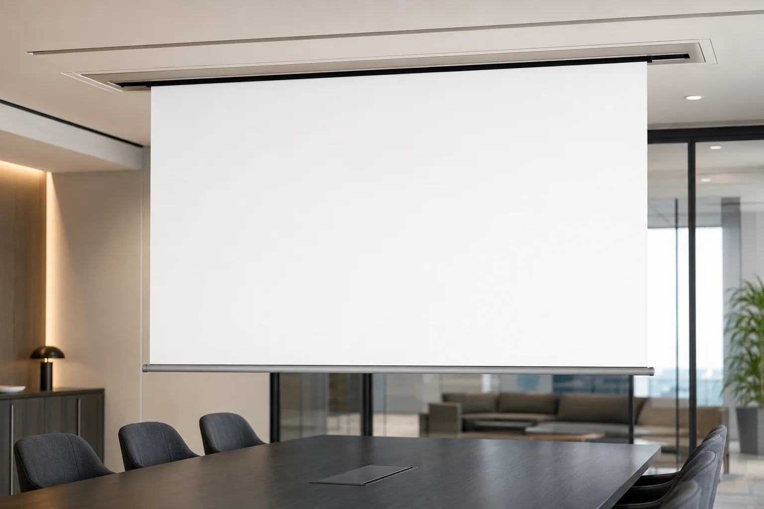 Motorised recessed projection screen installed in a meeting room