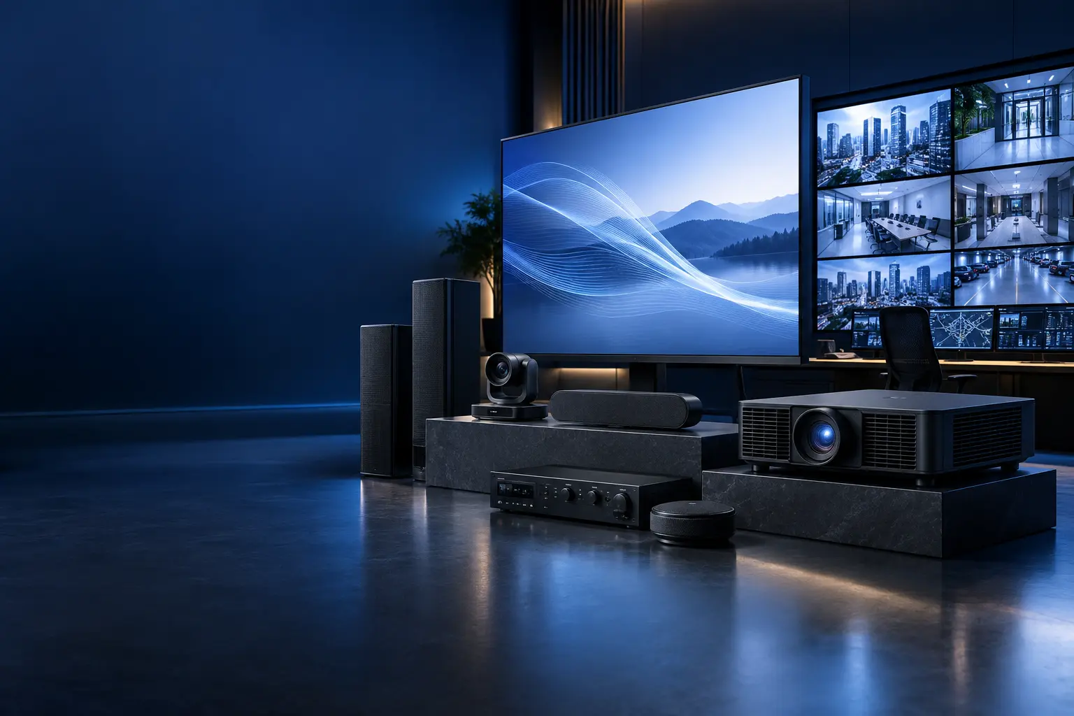 Integrated professional display, projection, video conferencing, audio and security technology environment