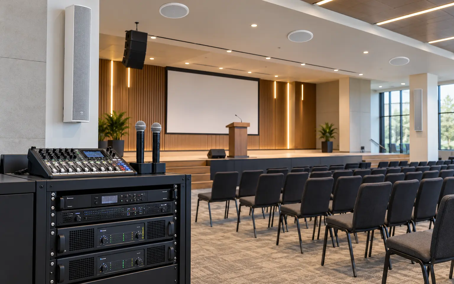 Installed professional PA loudspeakers, microphones, mixer and amplifier rack in a multipurpose hall