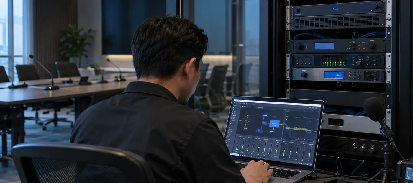 Audio engineer configuring DSP and networked audio equipment