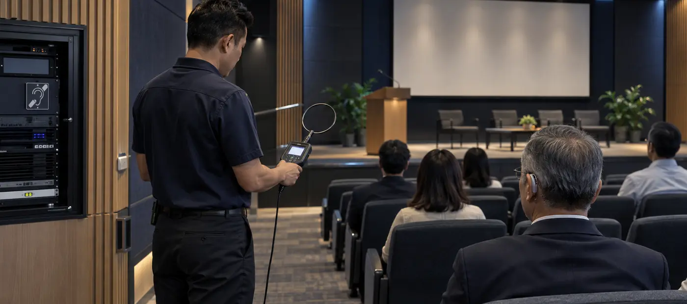 Technician measuring an induction-loop field in a modern auditorium