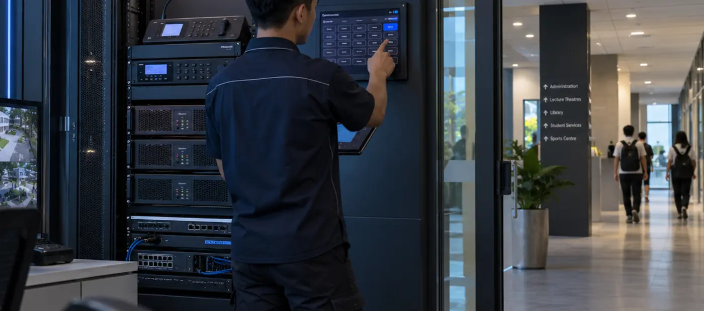 Technician commissioning a zoned PA and paging equipment rack