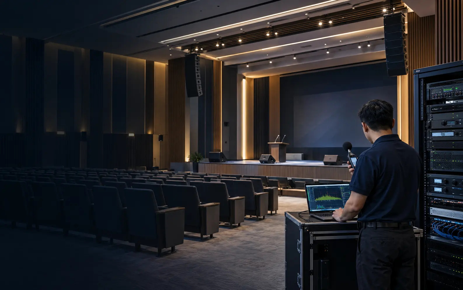 Audio technician commissioning an installed professional sound system in a modern auditorium