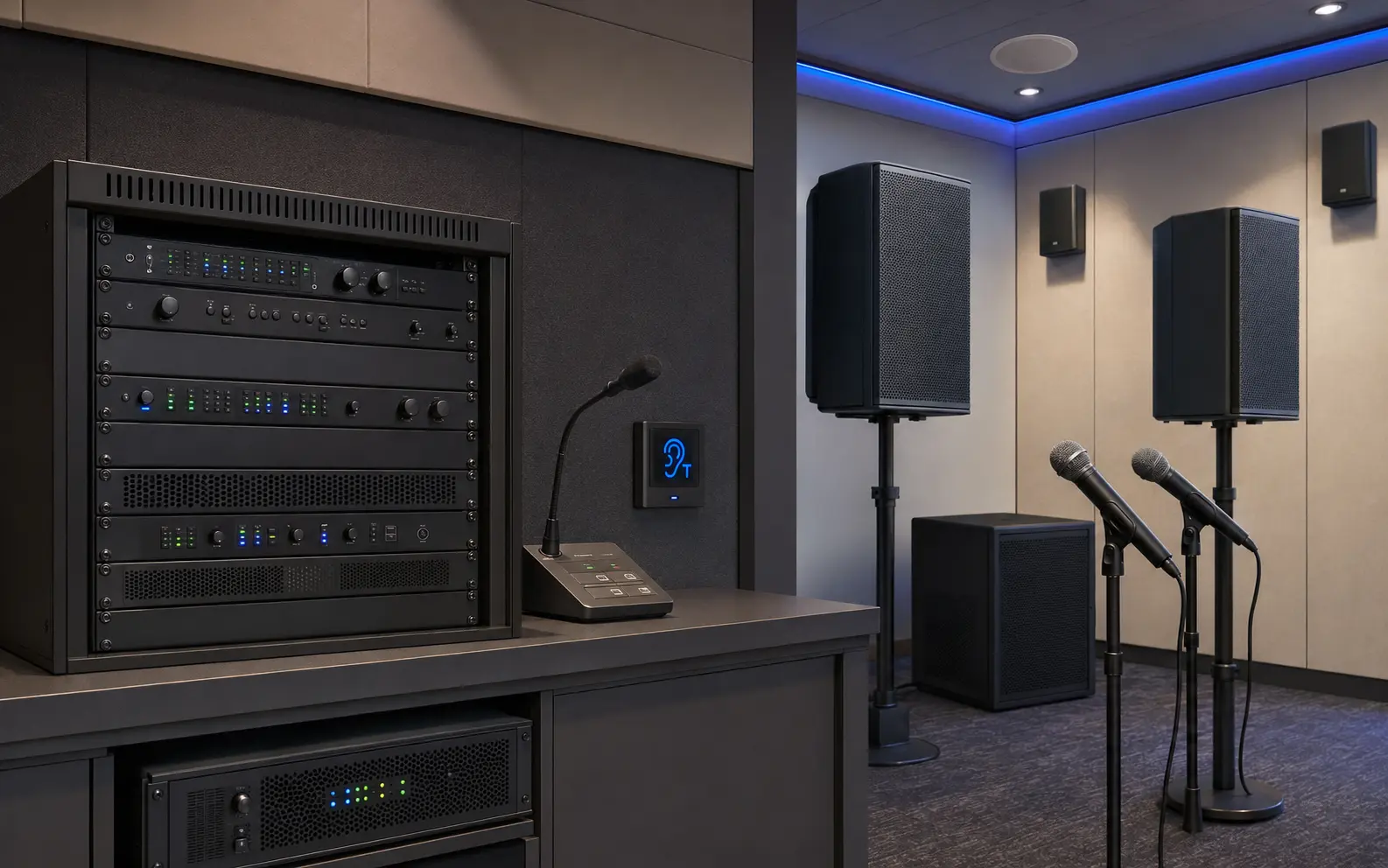Professional audio ecosystem with PA, DSP, induction loop, microphones and installed speakers