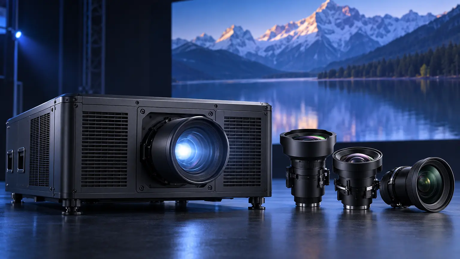 Professional large-venue projector with interchangeable lens options
