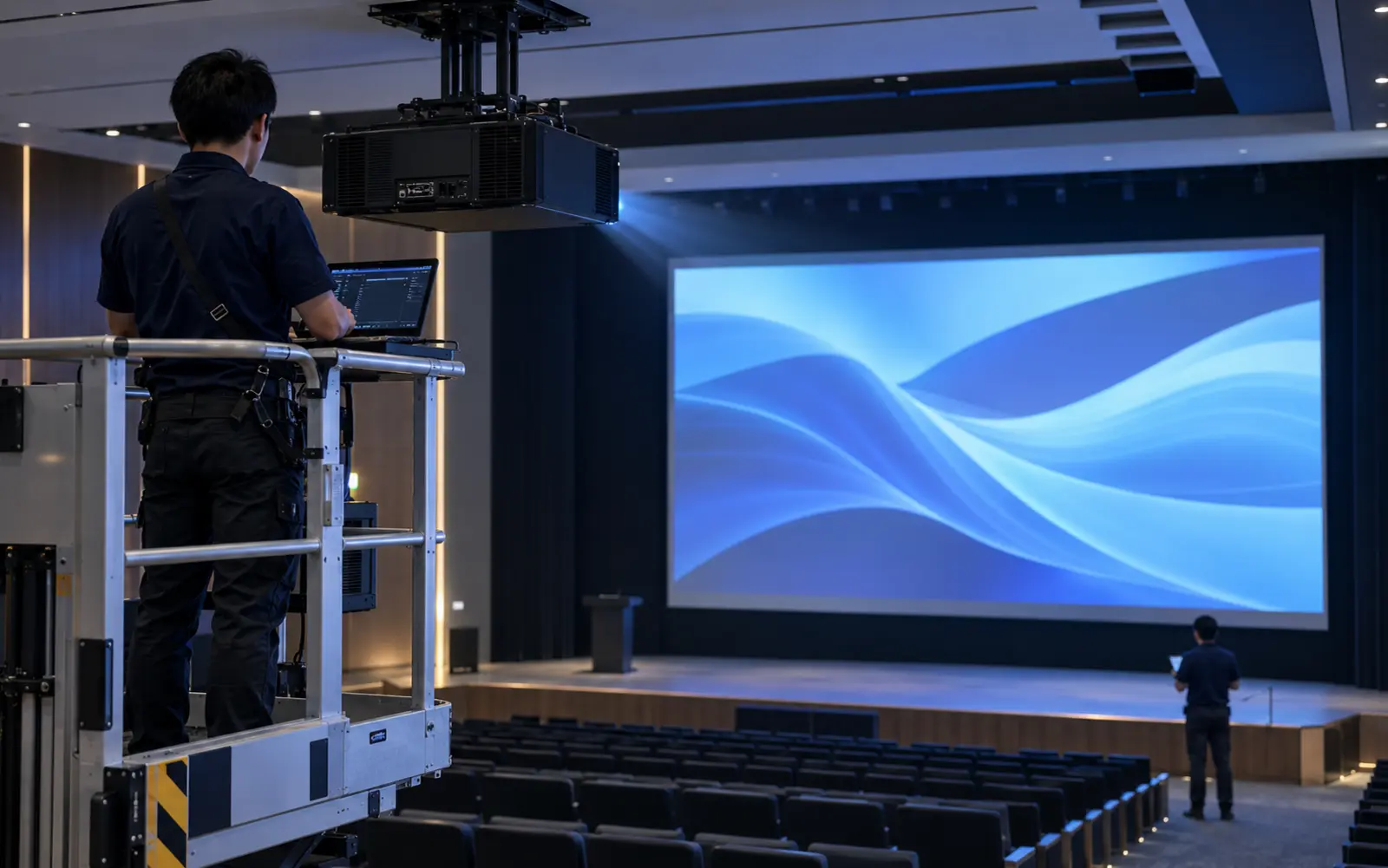 Professional high-brightness projector installation, alignment and screen commissioning in a large venue