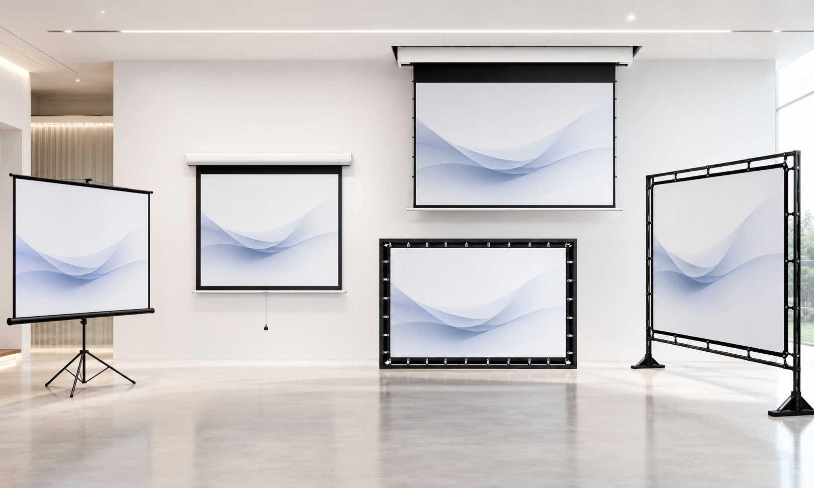 Large motorised projection screen installed in a privacy-safe professional venue