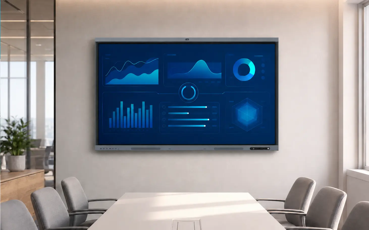 Samsung interactive display installed in a bright meeting room with analytics-style screen content