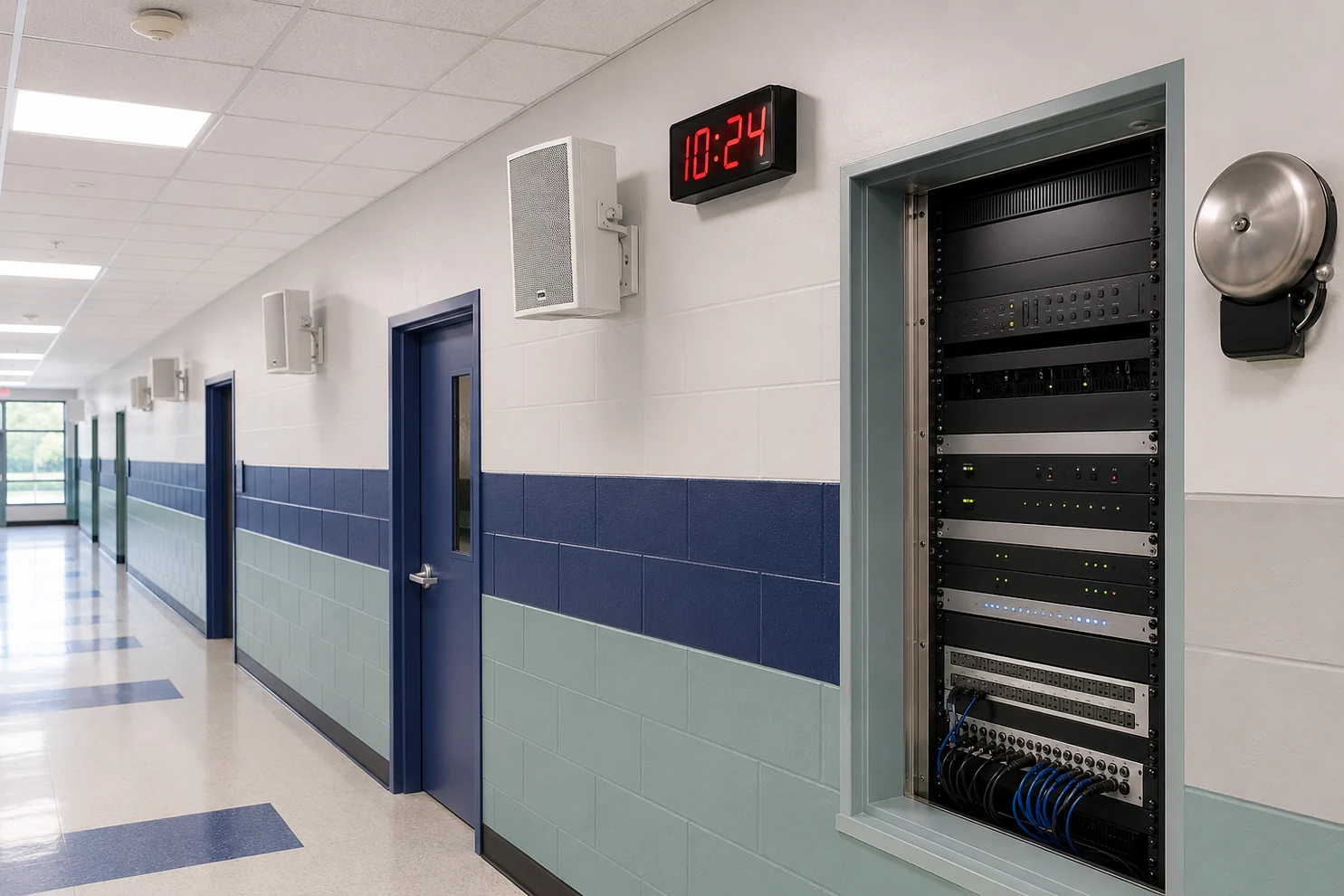 School corridor with PA rack, master clock, bell hardware and distributed speakers