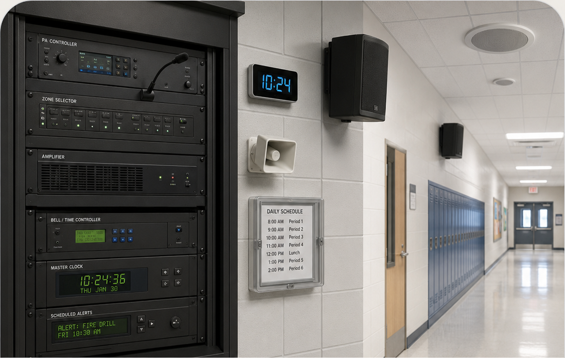 Campus school bell, PA, time and communication system