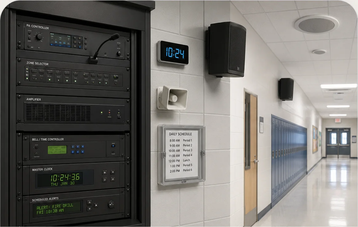 Campus school bell, PA, time and communication system