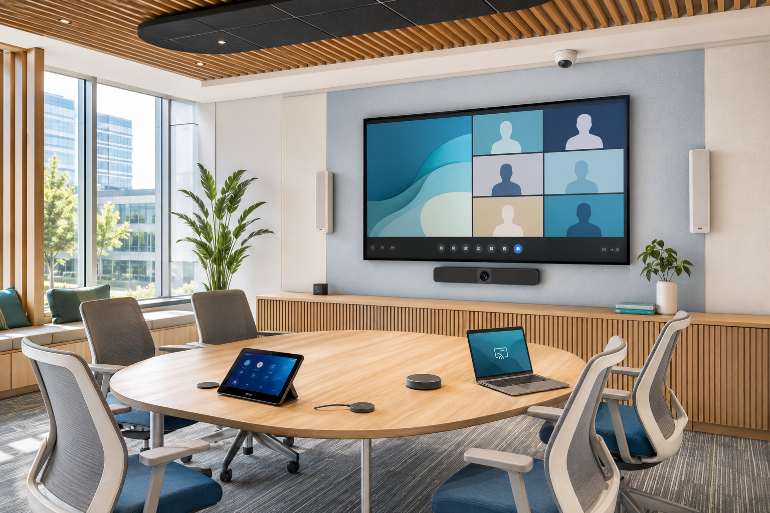 Bright modern video collaboration room with display, camera, room audio and control tablet