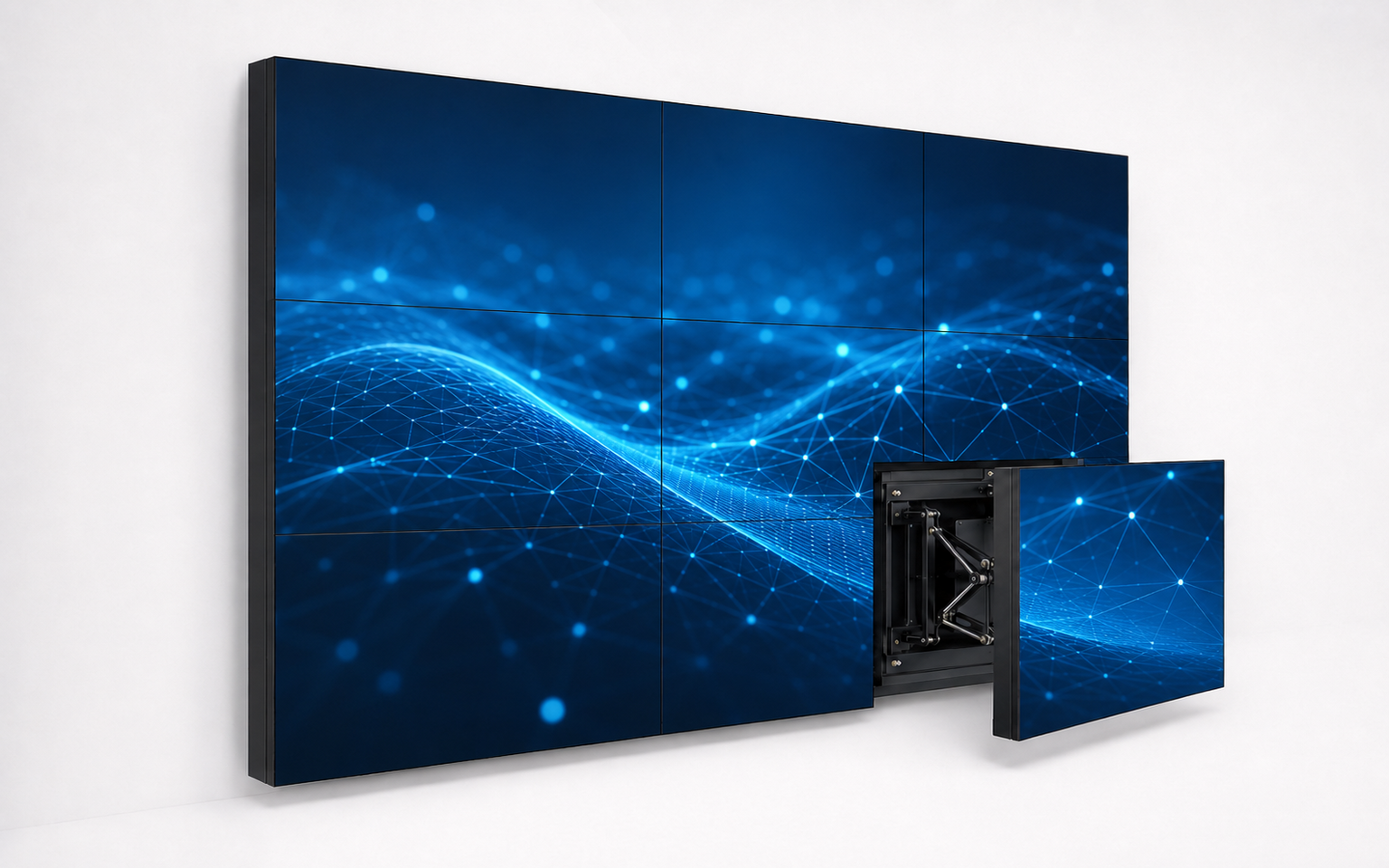 Video wall display with one front-service panel pulled forward and original technology visual content