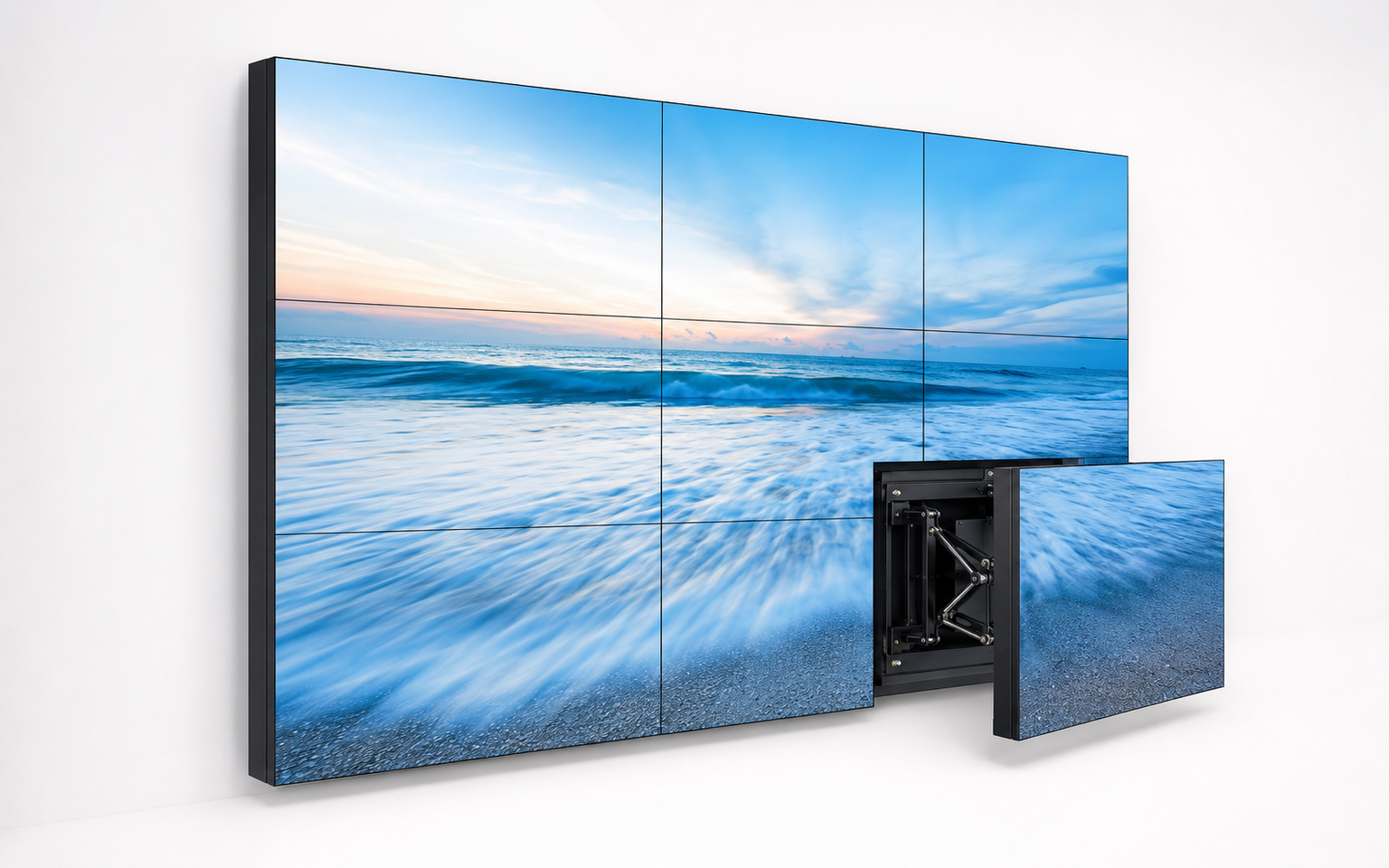 Front-service video wall structure with one display panel pulled forward for maintenance access